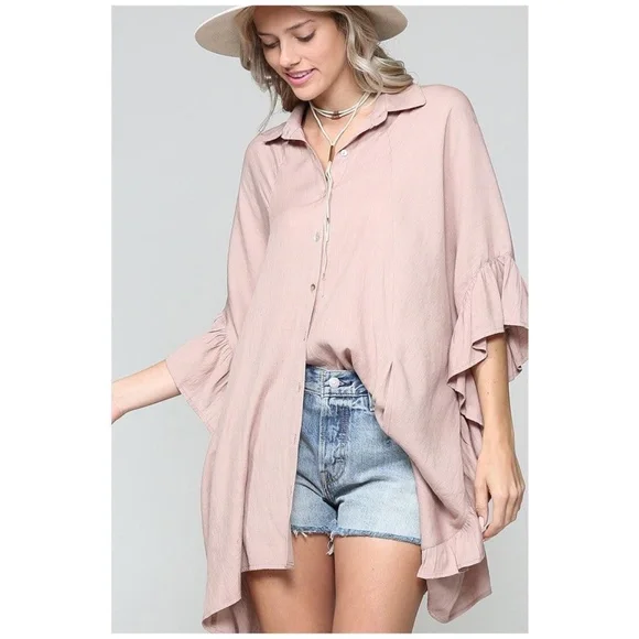 034 solid Oversized Button up Pocket Ruffle Sleeve Blouse - Picture 5 of 7